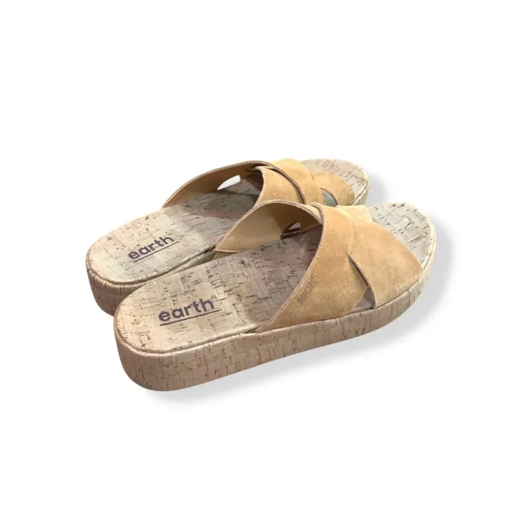 Women's Earth Cork Wedge Cross Strap Sandals Sz 8 Tan Suede Slip-On‎ Resort Pool